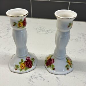 PAIR OF beautiful VINTAGE FINE BONE CHINA "COTTAGE ROSE" CANDLE STICK HO…